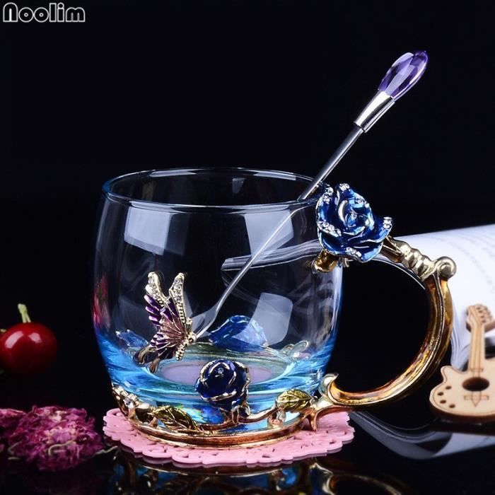 Tasse à Thé En Verre Émaillé 4,75 Oz Avec Motif Fleur Rose Rouge Et Doré - Neuf Avec Napperon