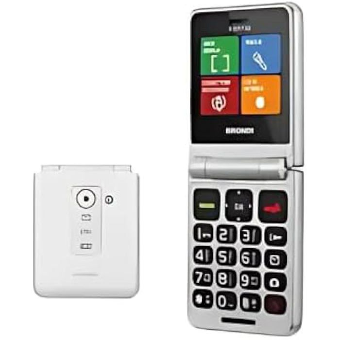 Téléphone Cellulaire Senior - BRONDI - Flipper - Double SIM - 3 Boutons dAccès Rapide - Blanc