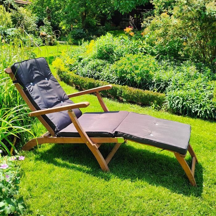 Casaria Chaise longue en bois dAcacia Queen Mary avec coussin Anthracite transat extérieur repose-pieds jardin terrasse