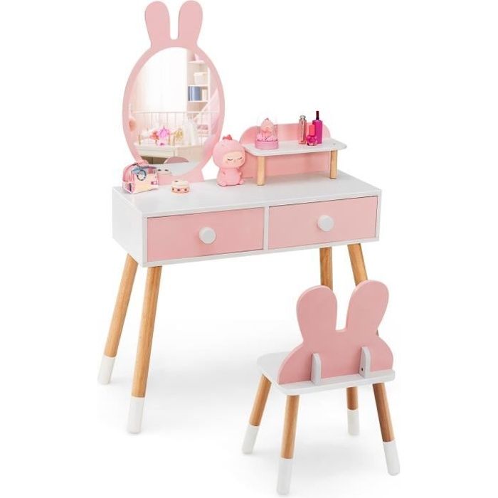 DREAMADE Coiffeuse Enfant 2 en 1 avec Miroir Amovible et Tabouret Tiroirs Doubles et Etagère Supplémentaire Charge 50 KG Rose