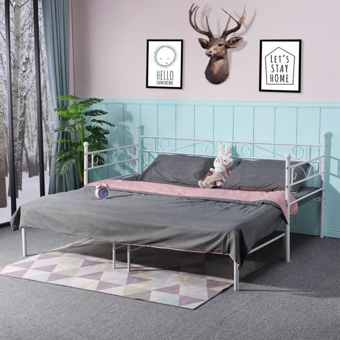 lit adult en métal canapé-lit métal,peut être prolongé de 95-177cm,lit double pour adulte, blanc