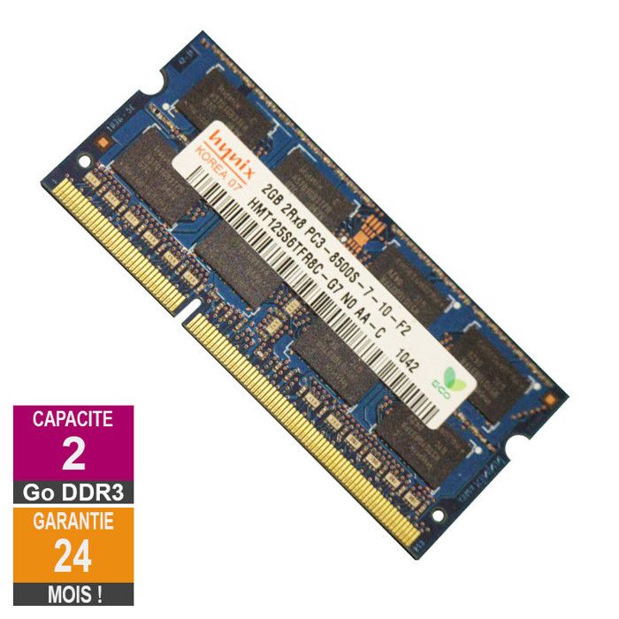 Barrette Mémoire 2Go RAM DDR3 Hynix HMT125S6TFR8C G7 SO-DIMM PC3-8500 1066MHz 2Rx8 - Hynix
