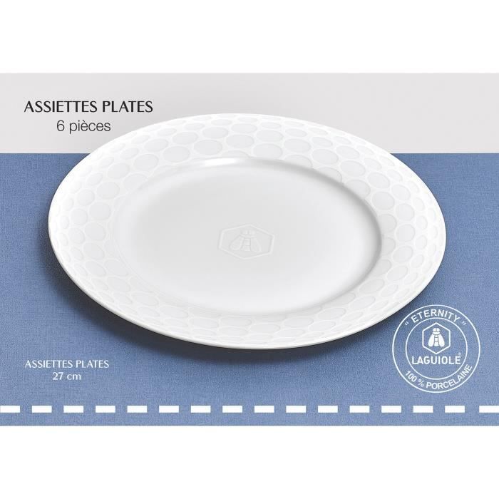 Lot de 6 assiettes plates 27 cm en porcelaine blanc ETERNITY - Laguiole Qualité Pro Blanc