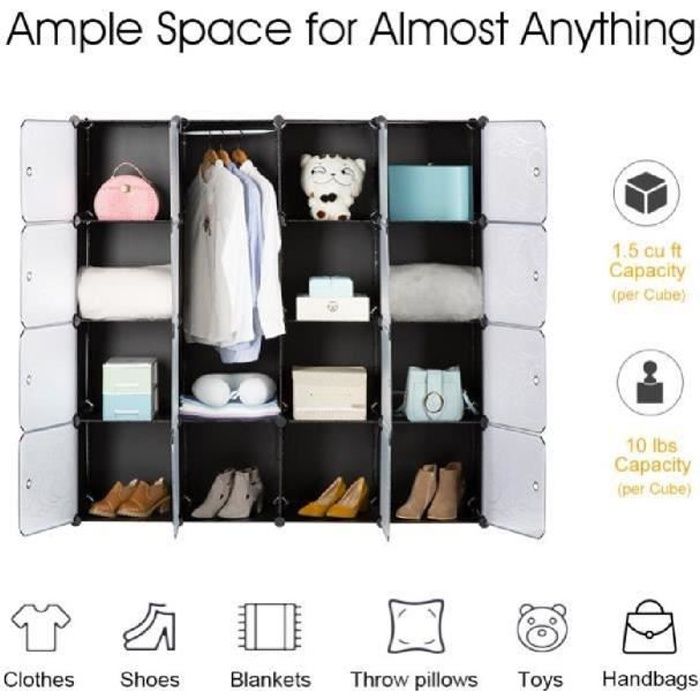 armoire étagères plastique langria 16 cubes pour rangement chambre - noir