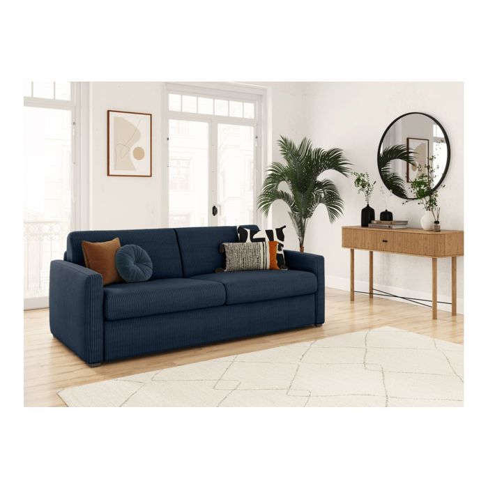 Canapé convertible express 3 places AGATHE 140x190cm en velours côtelé - Bleu foncé - Matelas 13cm - L178 x P96 x H88cm - LOUNGITUDE