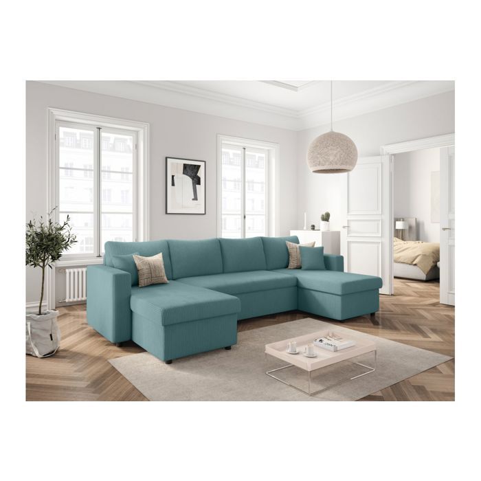 Canapé panoramique 6 places MARIA convertible avec 2 coffres en velours côtelé - Bleu clair - L295 x P146 x H81cm - LOUNGITUDE Canapé panoramique 6 places MARIA convertible avec 2 coffres en velours côtelé - Bleu clair - L295 x P146 x H81cm - LOUNGITUDE