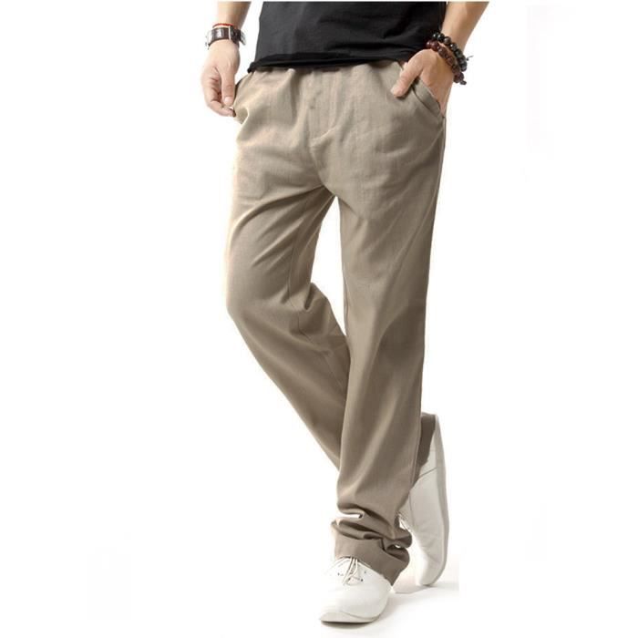 Pantalon En Lin Pantalon De Yoga Homme Baggy Type Mince Kaki Beige