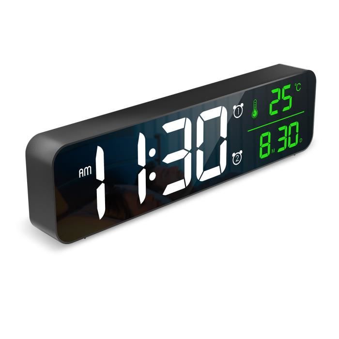 Horloge Murale Numérique LED Avec Température, Date, Semaine - Commande Vocale, 5 Niveaux De Luminosité, Réveil, Alimentation USB Ou Piles