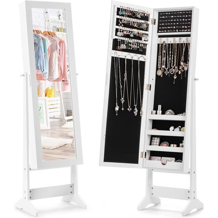 RELAX4LIFE Armoire à Bijoux sur Pieds avec Miroir Pleine HD 4 Angles Réglables, Grand Espace de Rangement, Blanc