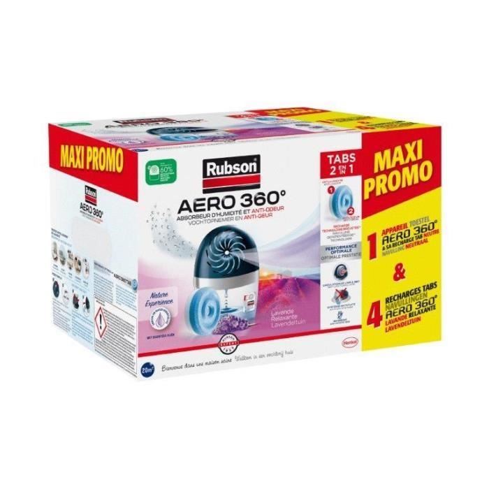 Absorbeur dhumidité - RUBSON - MAXI PROMO - 4 recharges Lavande + 1 appareil Aéro 360° 20 m²