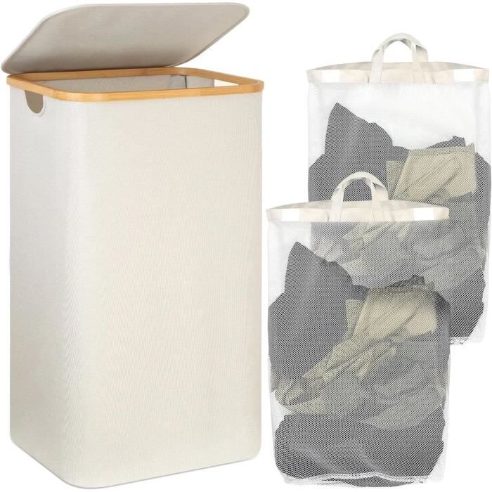 Panier à Linge POWZOO 110L Avec Couvercle - 2 Sacs Amovibles Pliable Gain De Place