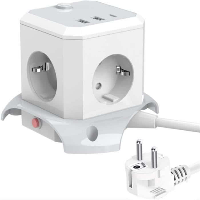 Multiprise Cube 7-en-1 Huslog - 3 Prises + 4 Ports USB, Câble 1,5m, Interrupteur LED, Pour Bureau !