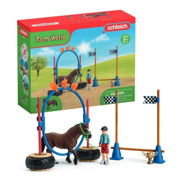 Course d'agility pour poney -Coffret de jeu avec 1 figurine de poney et 1 figurine humaine - SCHLEIC