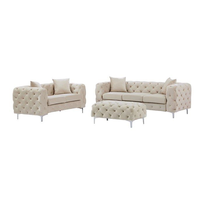Canapé 3 places 2 places et pouf chesterfield en velours beige EDWINA