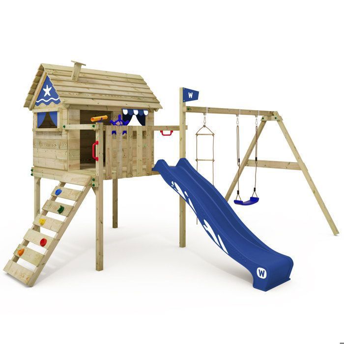 Maison sur pilotis bois WICKEY Smart Travel avec toboggan 220 cm bleu et balançoire – 10 ans de garantie*