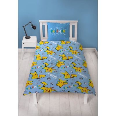 Parure De Lit Pokémon 140x200 Cm – Housse De Couette + Taie Pikachu, Salamèche, Carapuce & Bulbizarre, Bleu – Officiel