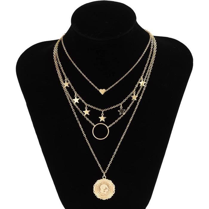 Collier Multi Rangs Femme Avec Cœur Étoiles Et Médaille Portrait ...