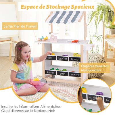 DREAMADE Chariot de Crème Glacée Enfants avec 6 Jouets à Cône,Stand de Marchand Enfants en Bois avec Etagère & Tableau Noir, Jeux d'Imitation & Educatifs, Balance et Sonnerie pour 3 an+ (Gris