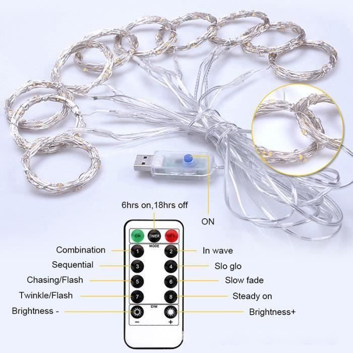 Rideau Lumineux Guirlande USB – 3x3 Mètres – 300 LED Blanc Chaud – 8 Modes + Télécommande + Minuterie