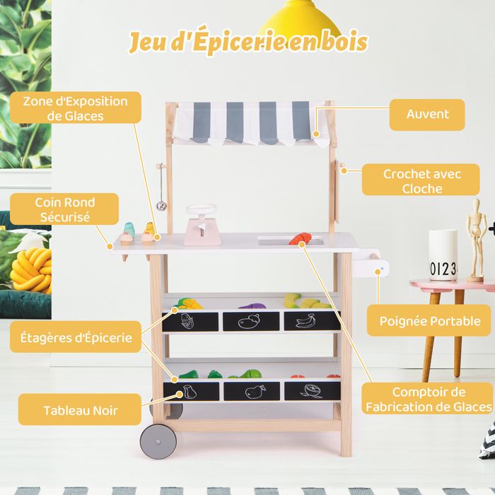 DREAMADE Chariot de Crème Glacée Enfants avec 6 Jouets à Cône,Stand de Marchand Enfants en Bois avec Etagère et Tableau Noir,Jeux d'Imitation & Educatifs, Balance et Sonnerie pour 3 an