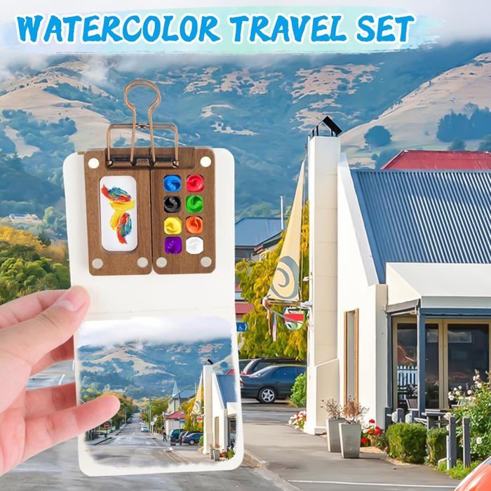Lunaobrik Kit d'aquarelle de voyage | Kit d'art de voyage avec palette et pinceau | Kit de peinture miniature multifonction à trois volets avec 12 couleurs pour adultes débutants