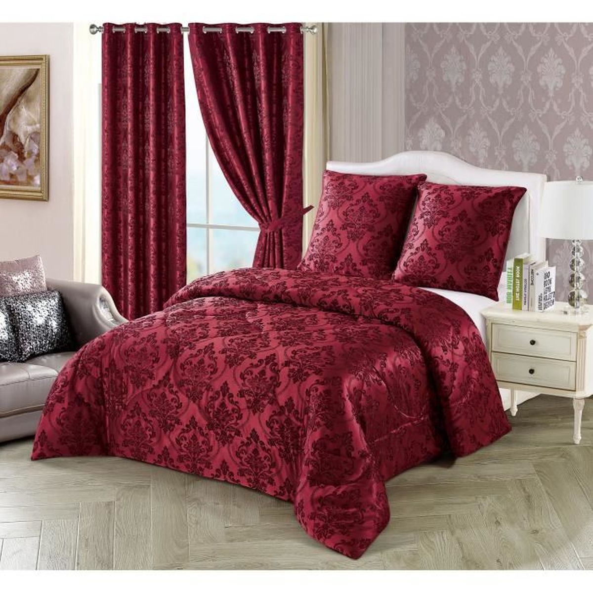 Luxe 5 Pièces Magnifique couvre-lit/Diamant Réversible Couette Set Rouge/burduny Luxe 5 Pièces Magnifique couvre-lit/Diamant Réversible Couette Set Rouge/burduny