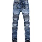 Jean Homme INSFITY Slim Plissé Moto Jeans Pantalon - Bleu