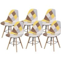 Lot de 6 chaises - PATCHWORK JAUNE - Scandinave - Pieds bois