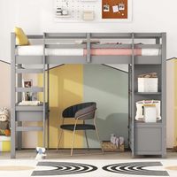 Lit mezzanine 90x200cm, lit enfant avec bureau, tiroirs et étagères, sommier à lattes, cadre en pin, gris