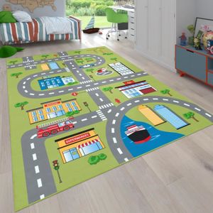TAPIS Paco Home Tapis Pour Enfant Chambre D'Enfant, Tapis De Jeu Motif Rues Et Voitures, Vert 200 cm carré