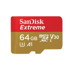 CARTE MÉMOIRE SanDisk Carte mémoire microSDXC Extreme 64 Go + adaptateur SD jusqu'à 100 Mo / s, Or / Rouge, Classe 10, U3, V30, A1 / A2