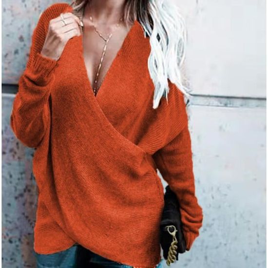 Pull Femme Cache Coeur Pull Sexy Col V Croise Pull Noel Femme Chandail Manches Longues Sweater Tricote Hiver orange S Orange Cdiscount Pret a Porter
