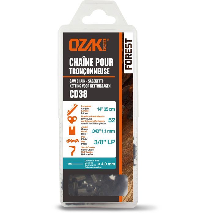Chaîne de tronçonneuse OZAKI Sous coque semi carrée 38LP .043 11mm 52 entraîneurs E52