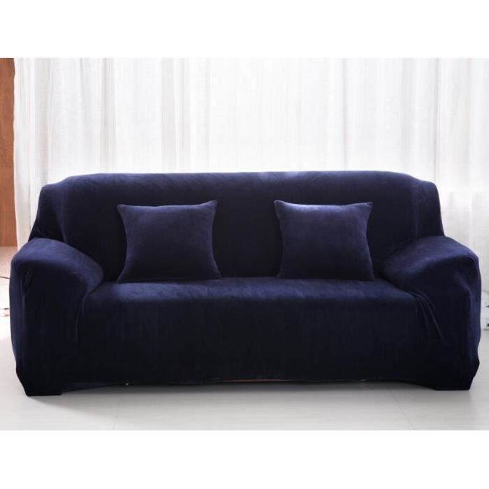 Housse de Canapé Velours 2 Places 145-185cm Élastique Spandex Revêtement de Canapé Épais Bleu Foncé