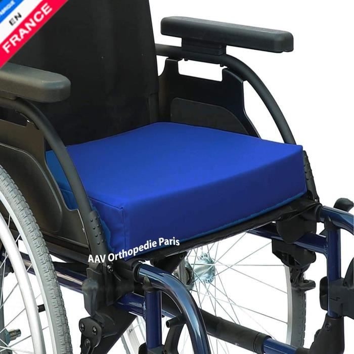 Coussin anti escarres en mousse Haute Résilience 35kg Housse 100% coton bleu AAV Paris ®.