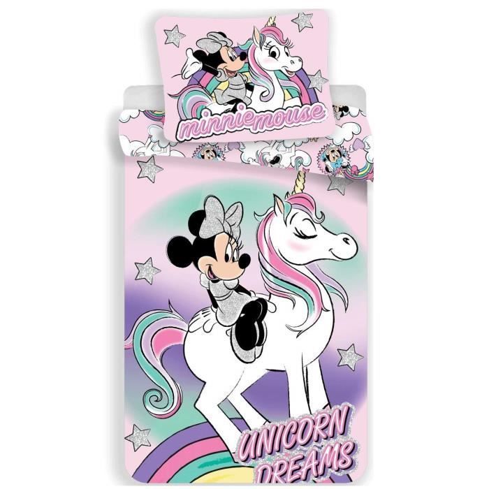 kidparadise - Housse de couette Minnie licorne - Parure de lit 140 x 200 - Minnie disney 100% Coton