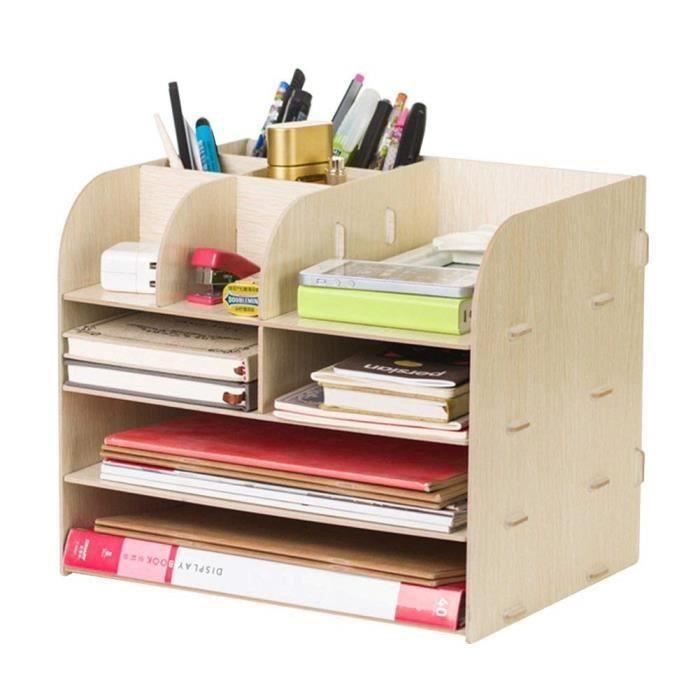 (32x25x27.5cm)Organiseur Bureau Bois, Étagère de Rangement à 4 Compartiments avec Tiroir Porte-Documents Porte-Revues, Beige