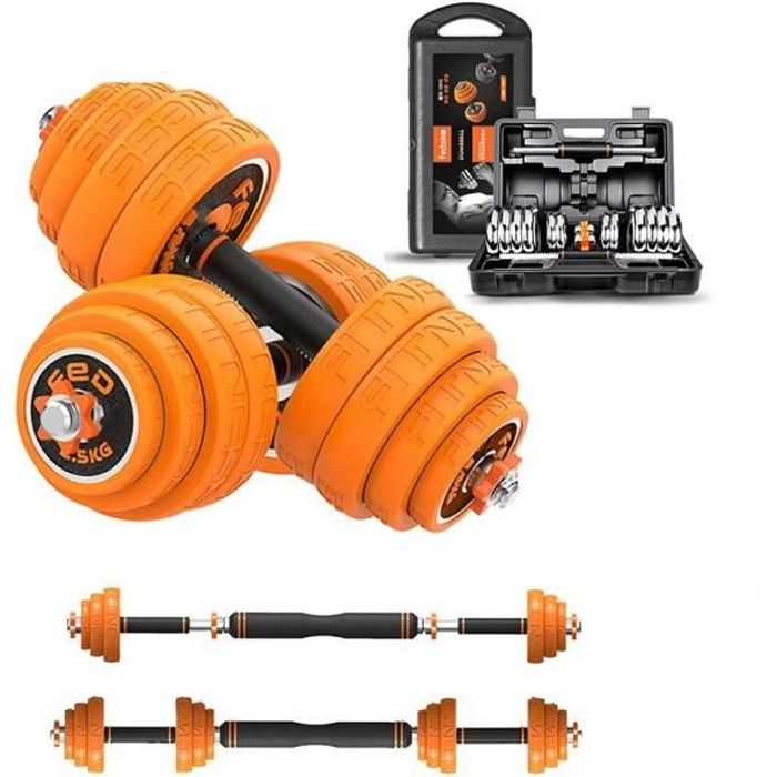 Haltère réglable 30kg - fonte&silicone- avec boite de rangement professionnelle (anneau caoutchouc orange)