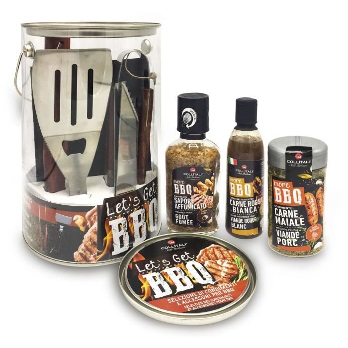 COLLITALI KIT BBQ : créme vinaigre moutarde 250 ml, sel fumé 272 g, mélange sel, herbes, épices 265 g, spatule + pince.