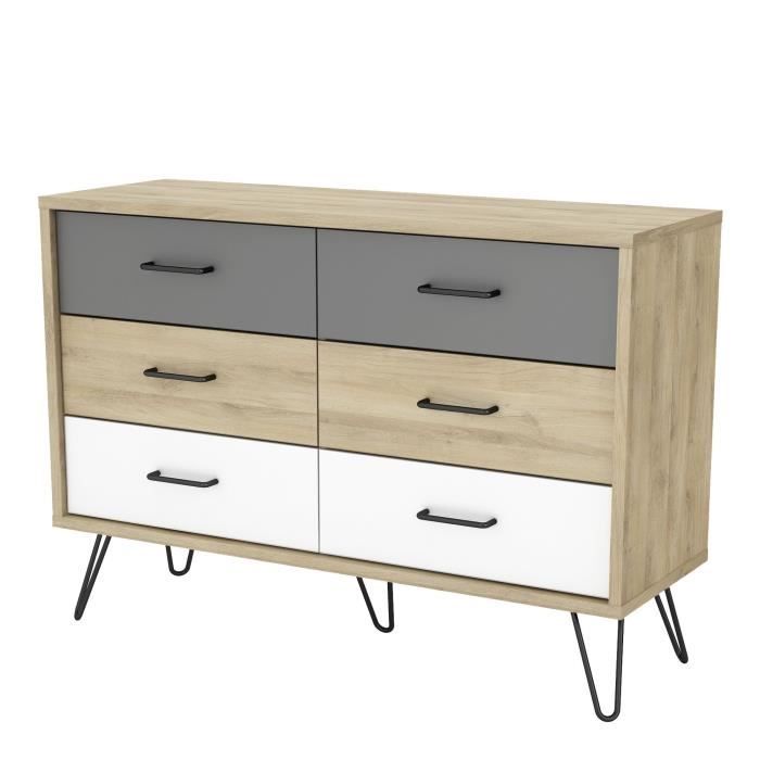 FILEA Commode 6 tiroirs - Décor chêne kronberg blanc et gris - L 116,7 x P 42,3 x H 81,5 cm