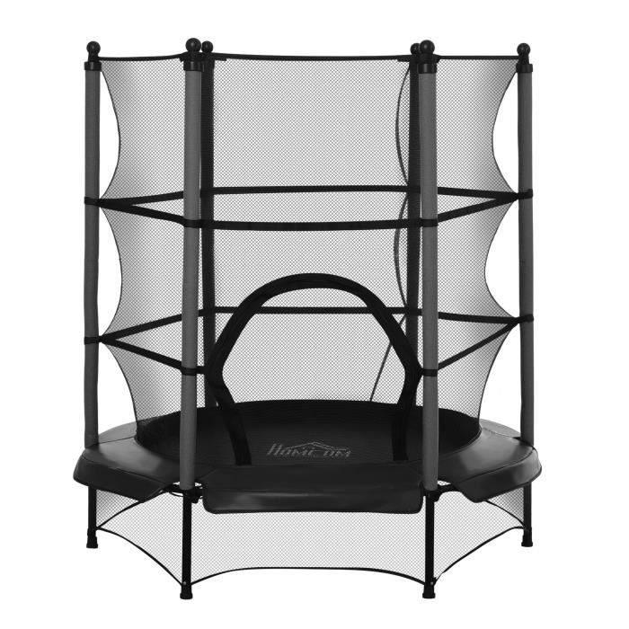 Trampoline de jardin enfants Ø 1,40 × 1,62H m filet de sécurité porte zipée couvre-ressorts + 6 poteaux rembourrés inclus noir