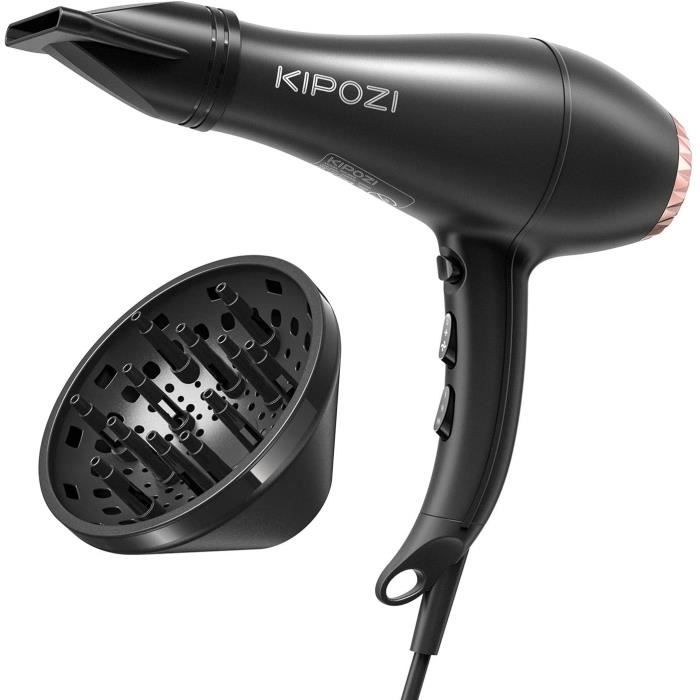 KIPOZI Sèche-cheveux Ionique 2200W Professionnel avec Diffuseur et Concentrateur, Noir