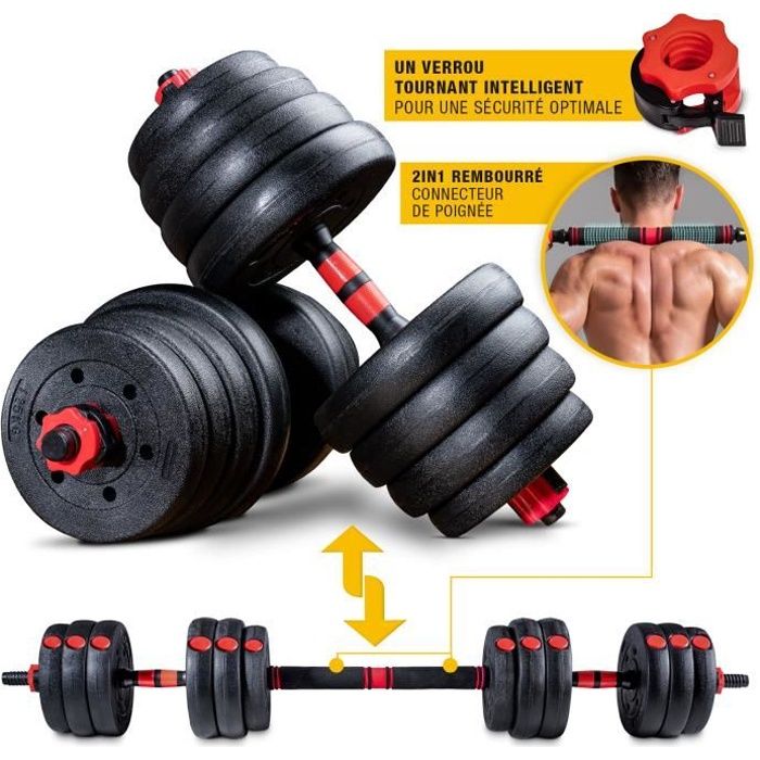 Sportstech Jeu d'haltères innovant 2en1 AH150 - haltères de 20kg - Serrure de sécurité + connecteur Extra Long 400mm