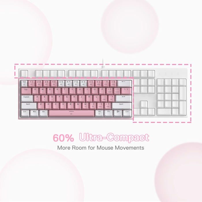Redragon Slim Fresh K617 — Clavier filaire 60% 61 touches Rose switches rouges hot-swap RGB macros