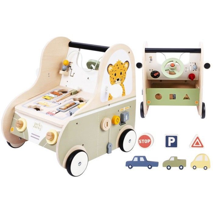 Trotteur en Bois Multi-activités Bébé - Voiture à Pousser avec Activités déveil et Volant - Dès 12 Mois