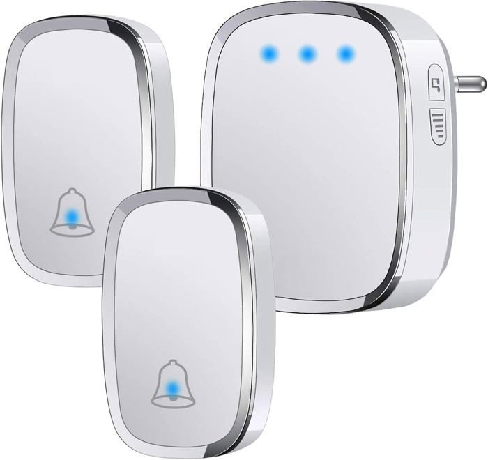 Sonnette sans Fil Extérieur Étanche IP44 Sonnette de Porte 300 Mètres Kit de Carillon avec LED Flash 2 Émetteurs et 1 Récepteur