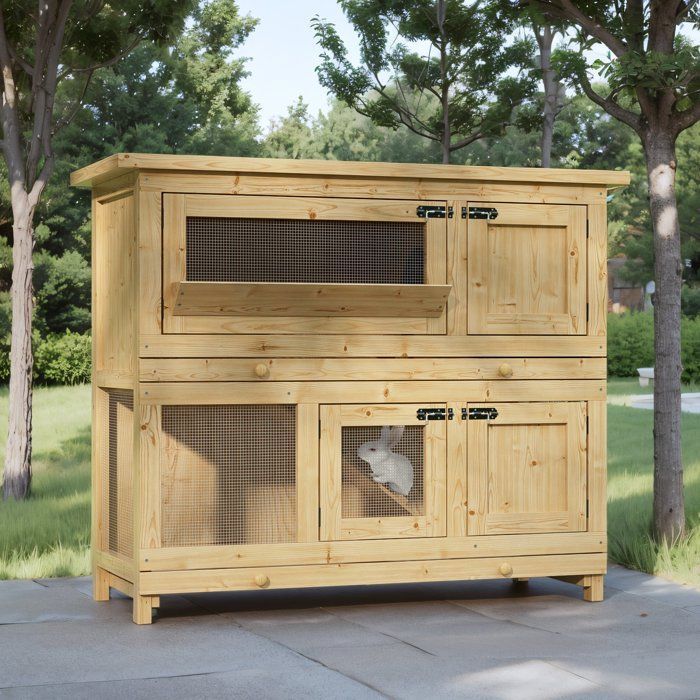 Comparer les prix de Clapier à Lapin en Bois 2 Niveaux 104x35,4x102,2 cm, Toit Ouvrant, Tiroirs Amovibles, Grilles de Ventilation pour Petits Animaux