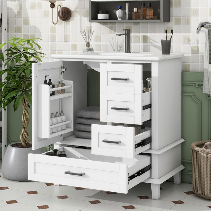 Meuble de salle de bain sur pied avec une vasque - 1 porte et 3 tiroirs - 76x46x83.5cm - Blanc(robinet non inclus) Meuble de salle de bain sur pied avec une vasque - 1 porte et 3 tiroirs - 76x46x83.5cm - Blanc(robinet non inclus)