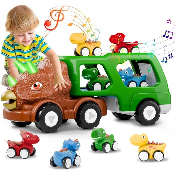 Camion dinosaure pour enfants - Avec lumières et sons - 4 petits véhicules dinosaures - 3 ans et plus - Cadeau pour garçons - Vert
