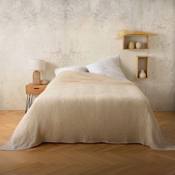 Plaid ou couvre lit 100% coton nid d’abeille Beige 240x260 cm